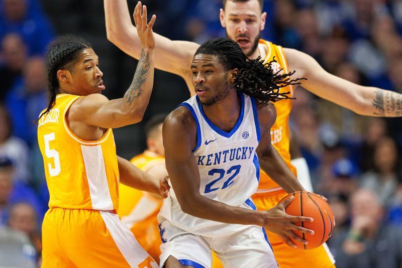 Feb 18, 2023; Lexington, Kentucky, USA; Kentucky Wildcats guard Cason Wallace (22) looks to pass the ball during the first half against the Tennessee Volunteers at Rupp Arena at Central Bank Center. Mandatory Credit: Jordan Prather-USA TODAY Sports
