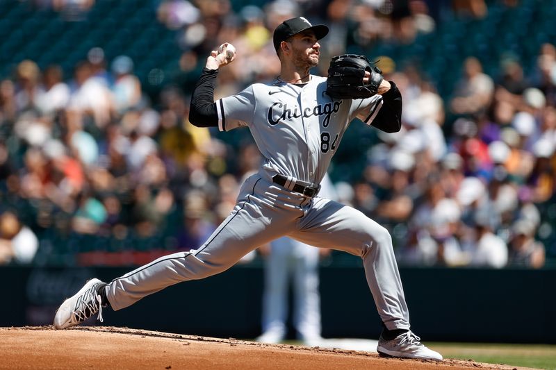 Aug 20, 2023; Denver, Colorado, USA; Chicago White Sox starting pitcher Dylan Cease (84) pitches in the first inning against the Colorado Rockies at Coors Field. Mandatory Credit: Isaiah J. Downing-USA TODAY Sports