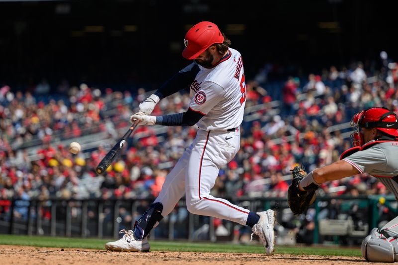 Apr 7, 2024; Washington, District of Columbia, USA; Washington Nationals outfielder Jesse Winker (6) at bat during the third inning against the Philadelphia Phillies at Nationals Park. Mandatory Credit: Reggie Hildred-USA TODAY Sports