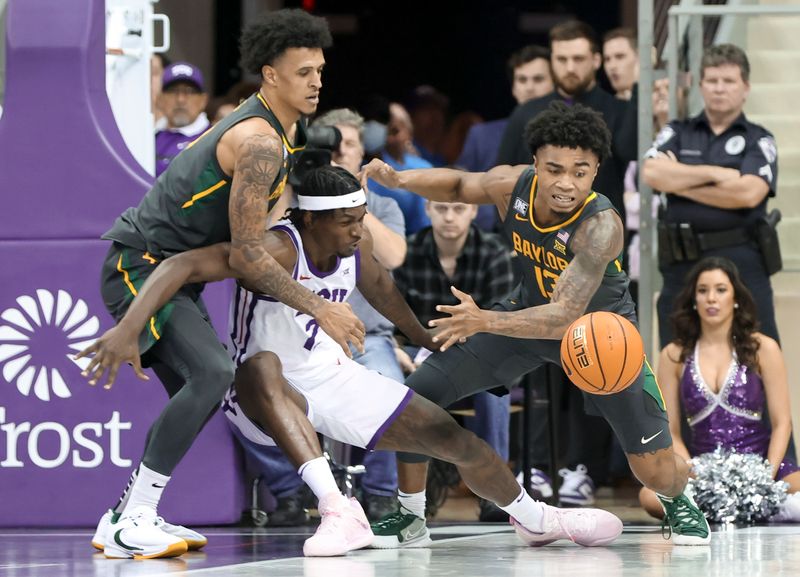 Feb 11, 2023; Fort Worth, Texas, USA;  Baylor Bears guard Langston Love (13) and Baylor Bears forward Jalen Bridges (11) battle for the ball with TCU Horned Frogs forward Emanuel Miller (2) during the second half at Ed and Rae Schollmaier Arena. Mandatory Credit: Kevin Jairaj-USA TODAY Sports