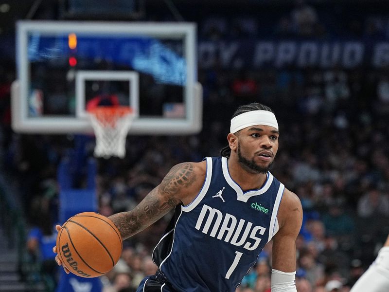 DALLAS, TX - FEBRUARY 10: Jaden Hardy #1 of the Dallas Mavericks handles the ball during the game against the Oklahoma City Thunder on February 10, 2024 at the American Airlines Center in Dallas, Texas. NOTE TO USER: User expressly acknowledges and agrees that, by downloading and or using this photograph, User is consenting to the terms and conditions of the Getty Images License Agreement. Mandatory Copyright Notice: Copyright 2024 NBAE (Photo by Glenn James/NBAE via Getty Images)