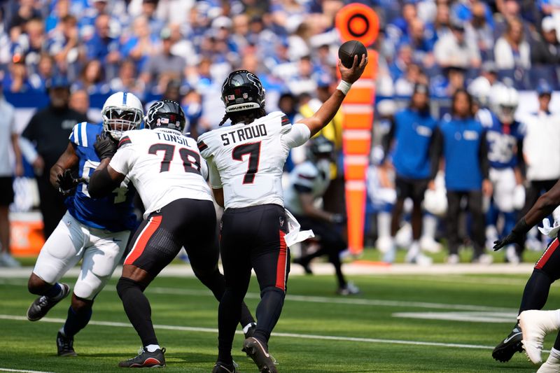 Houston Texans quarterback C.J. Stroud (7) throws during the first half of an NFL football game against the Indianapolis Colts, Sunday, Sept. 8, 2024, in Indianapolis. (AP Photo/Michael Conroy)