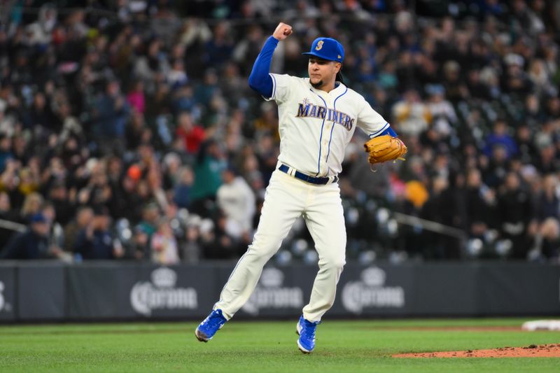 Apr 16, 2023; Seattle, Washington, USA; Seattle Mariners starting pitcher Luis Castillo (58) celebrates after the final out of the seventh inning against the Colorado Rockies at T-Mobile Park. Mandatory Credit: Steven Bisig-USA TODAY Sports