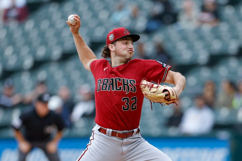 Sep 27, 2023; Chicago, Illinois, USA; Arizona Diamondbacks starting pitcher Brandon Pfaadt (32) delivers a pitch against the Chicago White Sox during the first inning at Guaranteed Rate Field. Mandatory Credit: Kamil Krzaczynski-USA TODAY Sports