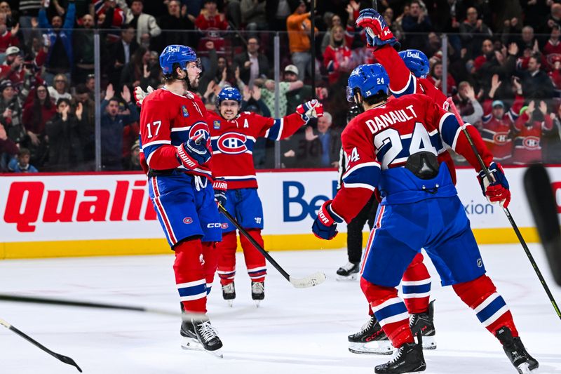 Mar 17, 2026; Montreal, Quebec, CAN; Montreal Canadiens right wing Josh Anderson (17) celebrates with his teammates his goal against the Boston Bruins during the second period at Bell Centre. Mandatory Credit: David Kirouac-Imagn Images