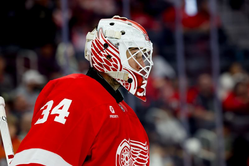 Oct 4, 2024; Detroit, Michigan, USA;  Detroit Red Wings goaltender Alex Lyon (34) looks on during the third period against the Ottawa Senators at Little Caesars Arena. Mandatory Credit: Rick Osentoski-Imagn Images