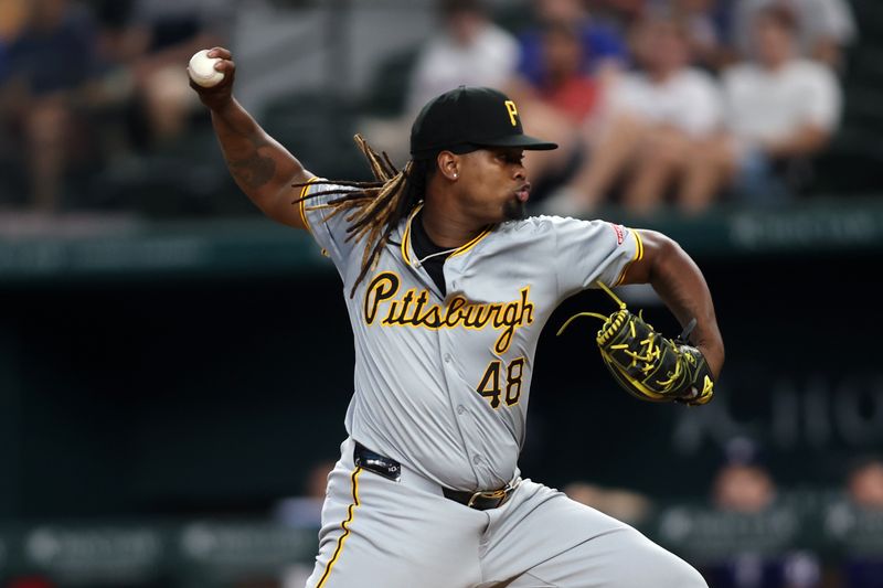 Aug 19, 2024; Arlington, Texas, USA; Pittsburgh Pirates pitcher Luis L. Ortiz (48) throws a pitch against the Texas Rangers in the first inning at Globe Life Field. Mandatory Credit: Tim Heitman-USA TODAY Sports