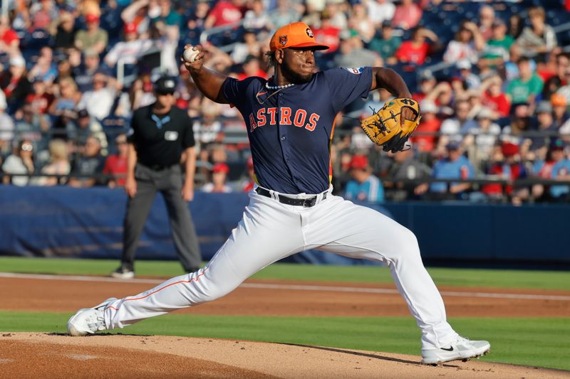 Mar 15, 2024; West Palm Beach, Florida, USA; Houston Astros starting pitcher Ronel Blanco (56) throws a pitch during the first inning against the Philadelphia Phillies at The Ballpark of the Palm Beaches. Mandatory Credit: Reinhold Matay-USA TODAY Sports