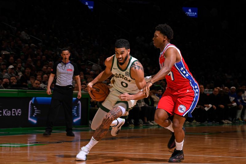 BOSTON, MA - FEBRUARY 27: Jayson Tatum #0 of the Boston Celtics handles the ball during the game against the Philadelphia 76ers on February 27, 2024 at the TD Garden in Boston, Massachusetts. NOTE TO USER: User expressly acknowledges and agrees that, by downloading and or using this photograph, User is consenting to the terms and conditions of the Getty Images License Agreement. Mandatory Copyright Notice: Copyright 2024 NBAE  (Photo by Brian Babineau/NBAE via Getty Images)