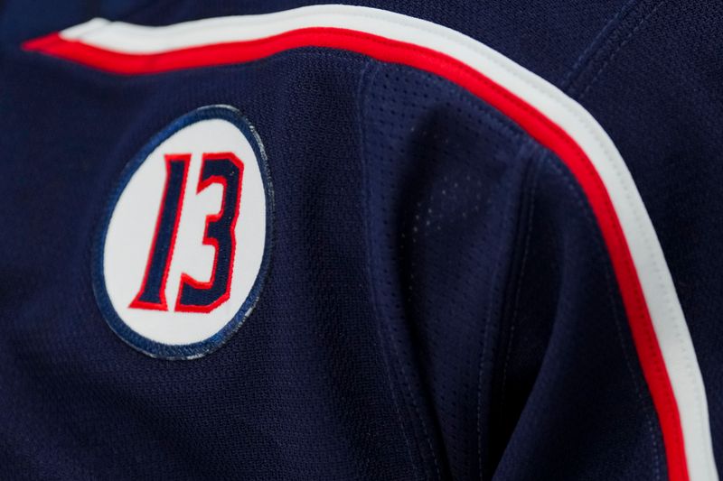 Oct 22, 2024; Columbus, Ohio, USA; A patch honoring the late Johnny Gaudreau is seen on the jersey worn by a member of the Columbus Blue Jackets during a stop in play against the Toronto Maple Leafs in the first period at Nationwide Arena. Mandatory Credit: Aaron Doster-Imagn Images