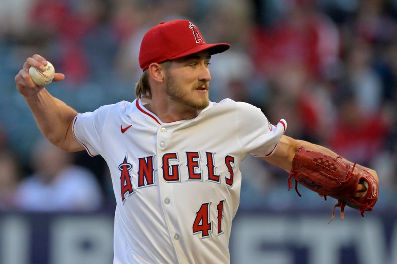 Apr 5, 2025; Anaheim, California, USA;  Los Angeles Angels starting pitcher Jack Kochanowicz (41) delivers to the plate in the first inning against the Cleveland Guardians at Angel Stadium. Mandatory Credit: Jayne Kamin-Oncea-Imagn Images