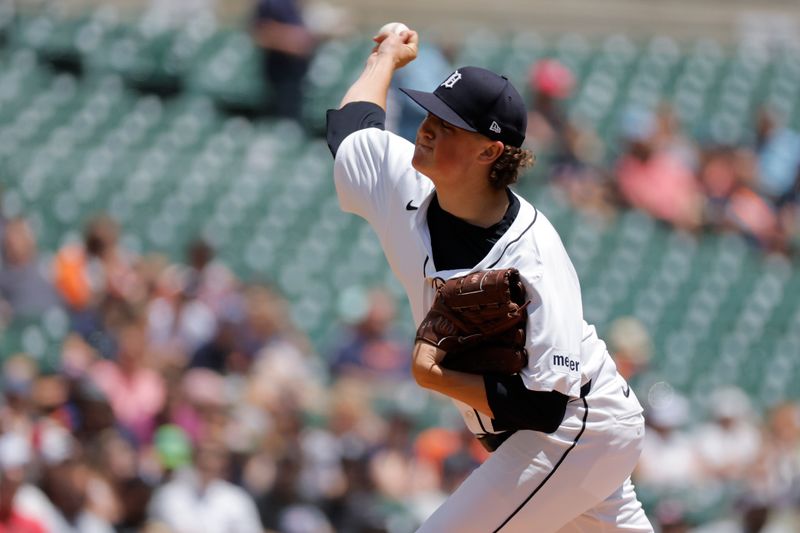 Jun 23, 2024; Detroit, Michigan, USA;  Detroit Tigers starting pitcher Reese Olson (45) pitches in the first inning against the Chicago White Sox at Comerica Park. Mandatory Credit: Rick Osentoski-USA TODAY Sports