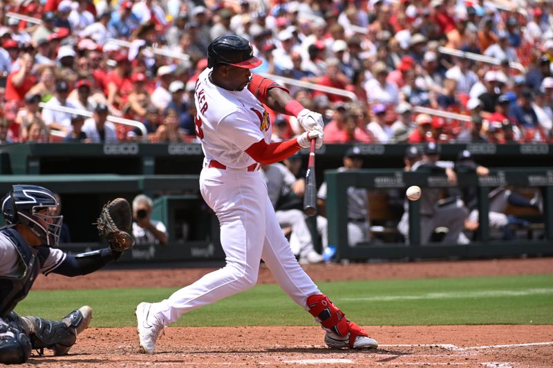 Jul 2, 2023; St. Louis, Missouri, USA; St. Louis Cardinals left fielder Jordan Walker (18) hits an RBI single against the New York Yankees in the fourth inning at Busch Stadium. Mandatory Credit: Joe Puetz-USA TODAY Sports