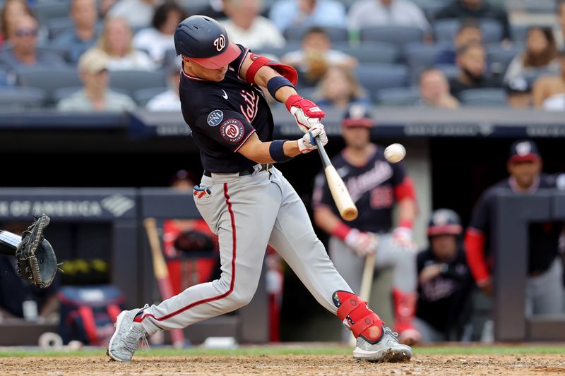 Aug 24, 2023; Bronx, New York, USA; Washington Nationals center fielder Alex Call (17) hits a two run home run against the New York Yankees during the seventh inning at Yankee Stadium. Mandatory Credit: Brad Penner-USA TODAY Sports