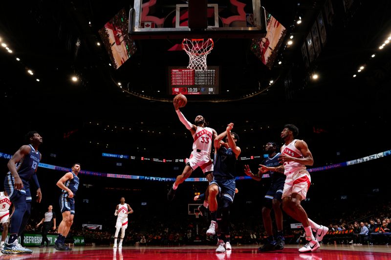 TORONTO, CANADA - JANUARY 22: Gary Trent Jr. #33 of the Toronto Raptors drives to the basket during the game against the Memphis Grizzlies on January 22, 2024 at the Scotiabank Arena in Toronto, Ontario, Canada.  NOTE TO USER: User expressly acknowledges and agrees that, by downloading and or using this Photograph, user is consenting to the terms and conditions of the Getty Images License Agreement.  Mandatory Copyright Notice: Copyright 2024 NBAE (Photo by Mark Blinch/NBAE via Getty Images)