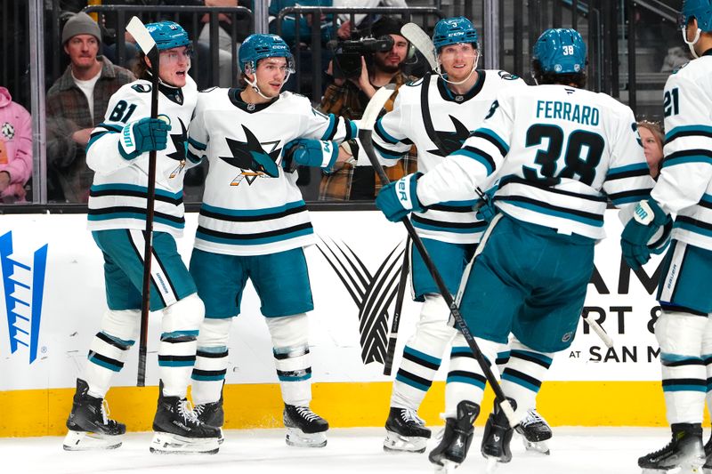 Nov 29, 2025; Las Vegas, Nevada, USA; San Jose Sharks left wing William Eklund (72) celebrates with team mates after scoring a goal against the Vegas Golden Knights during the second period at T-Mobile Arena. Mandatory Credit: Stephen R. Sylvanie-Imagn Images
