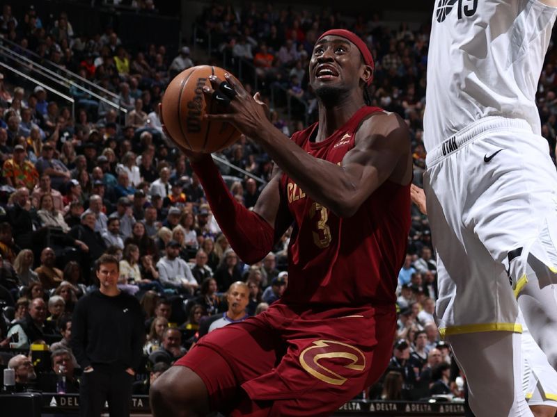 SALT LAKE CITY, UT - APRIL 2: Caris LeVert #3 of the Cleveland Cavaliers drives to the basket during the game against the Utah Jazz on April 2, 2024 at Delta Center in Salt Lake City, Utah. NOTE TO USER: User expressly acknowledges and agrees that, by downloading and or using this Photograph, User is consenting to the terms and conditions of the Getty Images License Agreement. Mandatory Copyright Notice: Copyright 2024 NBAE (Photo by Melissa Majchrzak/NBAE via Getty Images)