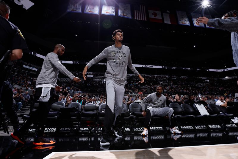 SAN ANTONIO, TX - NOVEMBER 9: Victor Wembanyama #1 of the San Antonio Spurs is introduced before the game against the Utah Jazz on November 9, 2024 at the Frost Bank Center in San Antonio, Texas. NOTE TO USER: User expressly acknowledges and agrees that, by downloading and or using this photograph, user is consenting to the terms and conditions of the Getty Images License Agreement. Mandatory Copyright Notice: Copyright 2024 NBAE (Photos by Logan Riely/NBAE via Getty Images)