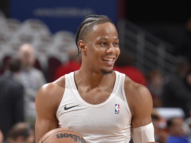 CLEVELAND, OH - APRIL 18: Isaac Okoro #35 of the Cleveland Cavaliers smiles before Round One Game Two of the 2023 NBA Playoffs against the New York Knicks on April 18, 2023 at Rocket Mortgage FieldHouse in Cleveland, Ohio. NOTE TO USER: User expressly acknowledges and agrees that, by downloading and/or using this Photograph, user is consenting to the terms and conditions of the Getty Images License Agreement. Mandatory Copyright Notice: Copyright 2023 NBAE (Photo by David Liam Kyle/NBAE via Getty Images)