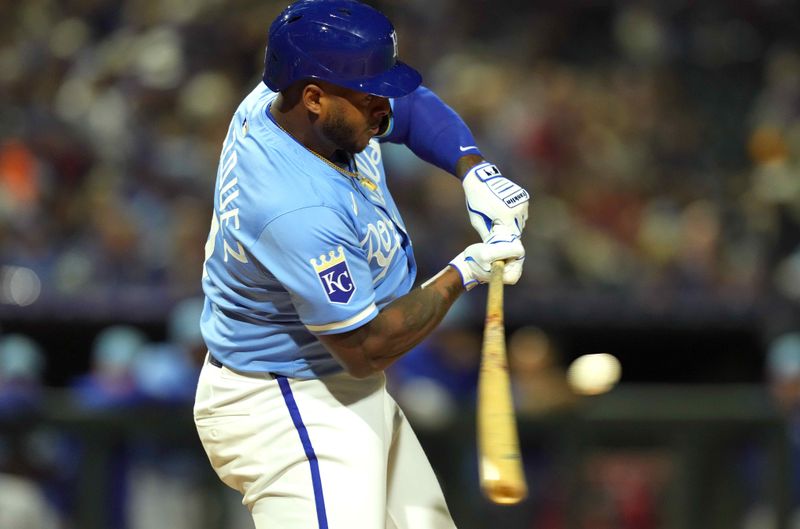 Mar 5, 2024; Surprise, Arizona, USA; Kansas City Royals right fielder Nelson Velazquez (17) bats against the Chicago Cubs during the fourth inning at Surprise Stadium. Mandatory Credit: Joe Camporeale-USA TODAY Sports