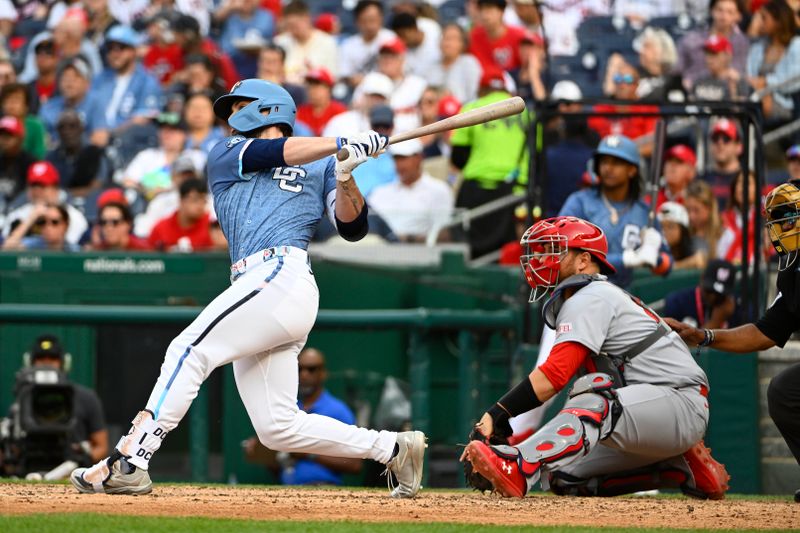 May 10, 2025; Washington, District of Columbia, USA; Washington Nationals right fielder Dylan Crews (3) hits a two run home run against the St. Louis Cardinals during the eighth inning at Nationals Park. Mandatory Credit: Brad Mills-Imagn Images