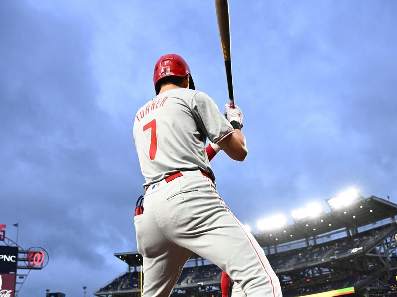 Sep 27, 2024; Washington, District of Columbia, USA;  Philadelphia Phillies shortstop Trea Turner (7) stands in the on deck circle during the first inning against the Washington Nationals at Nationals Park. Mandatory Credit: James A. Pittman-Imagn Images