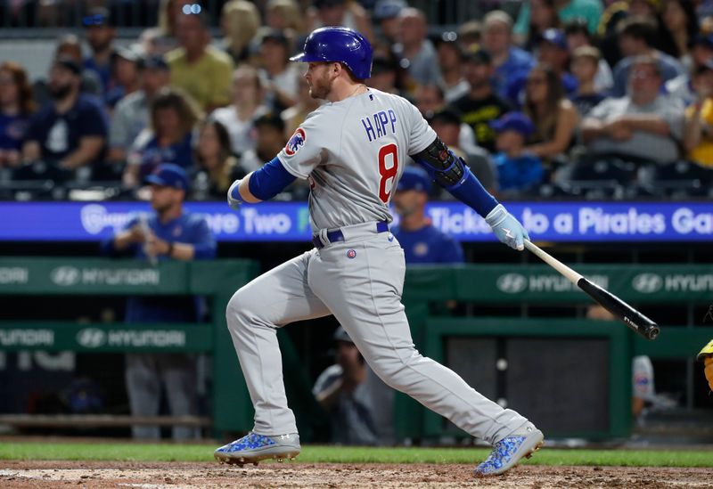 Aug 26, 2023; Pittsburgh, Pennsylvania, USA;  Chicago Cubs left fielder Ian Happ (8) hits a two-run double against the Pittsburgh Pirates during the fifth inning at PNC Park. Mandatory Credit: Charles LeClaire-USA TODAY Sports