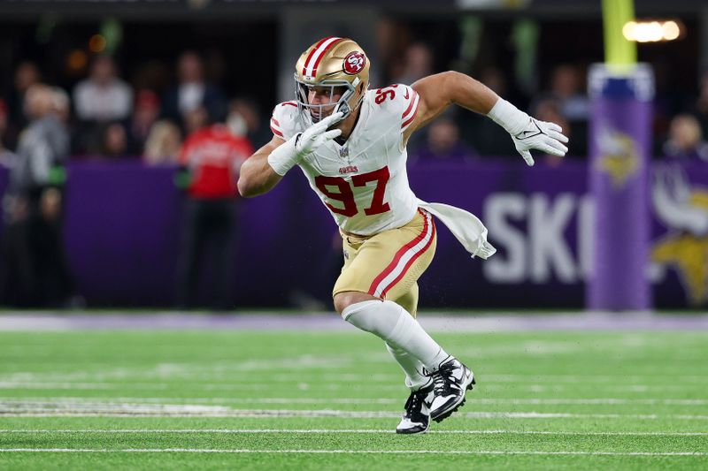 San Francisco 49ers defensive end Nick Bosa (97) in action during the first half of an NFL football game against the Minnesota Vikings, Monday, Oct. 23, 2023 in Minneapolis. (AP Photo/Stacy Bengs)