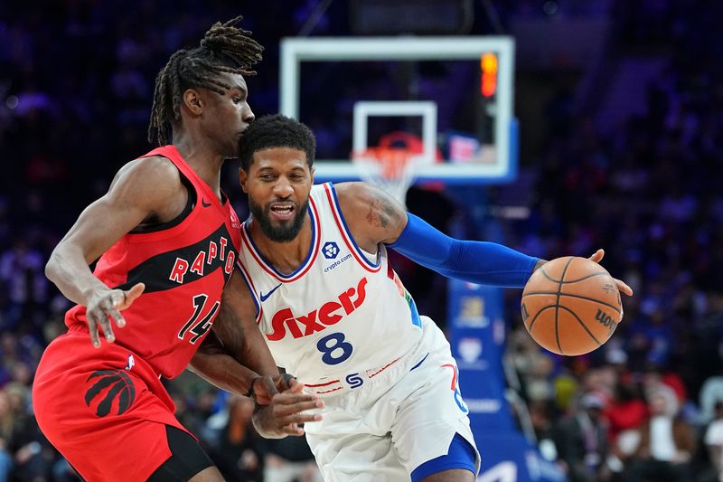 PHILADELPHIA, PENNSYLVANIA - FEBRUARY 11: Paul George #8 of the Philadelphia 76ers dribbles the ball against Ja'Kobe Walter #14 of the Toronto Raptors in the second half at the Wells Fargo Center on February 11, 2025 in Philadelphia, Pennsylvania. The Raptors defeated the 76ers 106-103. NOTE TO USER: User expressly acknowledges and agrees that, by downloading and/or using this photograph, user is consenting to the terms and conditions of the Getty Images License Agreement. (Photo by Mitchell Leff/Getty Images)