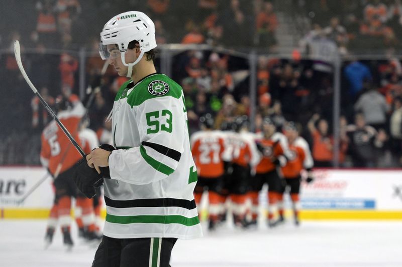 Jan 18, 2024; Philadelphia, Pennsylvania, USA;  Dallas Stars center Wyatt Johnston (53) skates off the ice after loss to the Philadelphia Flyers at Wells Fargo Center. Mandatory Credit: Eric Hartline-USA TODAY Sports