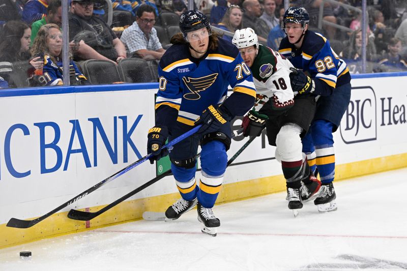 Sep 23, 2023; St. Louis, Missouri, USA; St. Louis Blues center Oskar Sundqvist (70) controls the puck from Arizona Coyotes forward Austin Poganski (18) during the first period at Enterprise Center. Mandatory Credit: Jeff Le-USA TODAY Sports