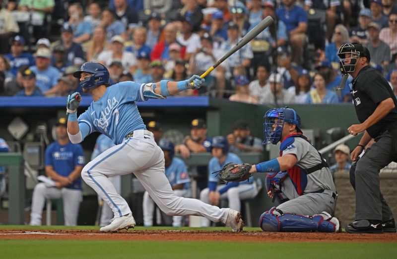 Jun 29, 2025; Kansas City, Missouri, USA;  Kansas City Royals shortstop Bobby Witt Jr. (7) doubles in a run in the first inning against the Los Angeles Dodgers at Kauffman Stadium. Mandatory Credit: Peter Aiken-Imagn Images