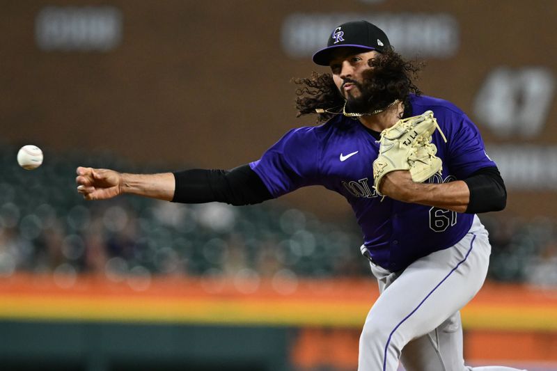 Sep 10, 2024; Detroit, Michigan, USA; Colorado Rockies pitcher Justin Lawrence (61) throws a pitch against the Detroit Tigers in the sixth inning at Comerica Park. Mandatory Credit: Lon Horwedel-Imagn Images