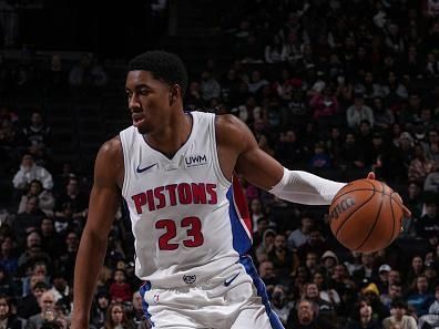BROOKLYN, NY - DECEMBER 23: Jaden Ivey #23 of the Detroit Pistons dribbles the ball during the game against the Brooklyn Nets on December 23, 2023 at Barclays Center in Brooklyn, New York. NOTE TO USER: User expressly acknowledges and agrees that, by downloading and or using this Photograph, user is consenting to the terms and conditions of the Getty Images License Agreement. Mandatory Copyright Notice: Copyright 2023 NBAE (Photo by Jesse D. Garrabrant/NBAE via Getty Images)