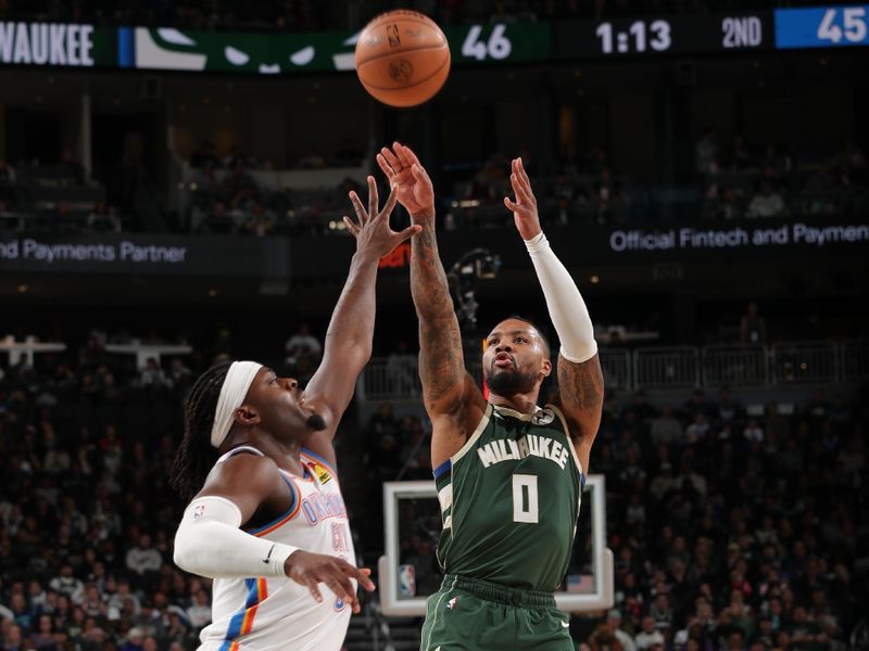 MILWAUKEE, WI - MARCH 24: Damian Lillard #0 of the Milwaukee Bucks shoots the ball during the game against the Oklahoma City Thunder on March 24, 2024 at the Fiserv Forum Center in Milwaukee, Wisconsin. NOTE TO USER: User expressly acknowledges and agrees that, by downloading and or using this Photograph, user is consenting to the terms and conditions of the Getty Images License Agreement. Mandatory Copyright Notice: Copyright 2024 NBAE (Photo by Gary Dineen/NBAE via Getty Images).