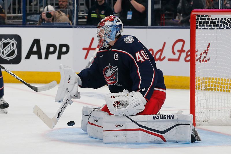 Oct 17, 2024; Columbus, Ohio, USA; Columbus Blue Jackets goalie Daniil Tarasov (40) makes a pad save against the Buffalo Sabres during the third period at Nationwide Arena. Mandatory Credit: Russell LaBounty-Imagn Images