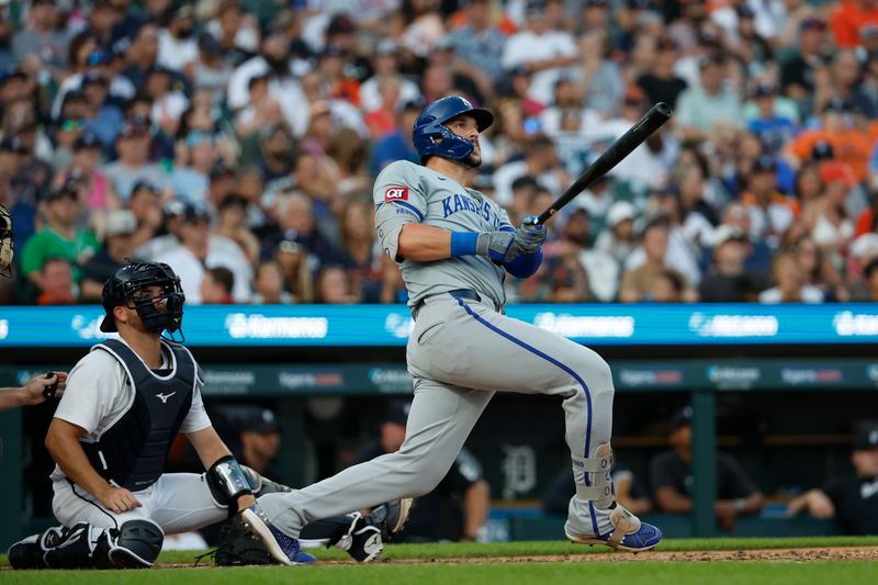 Aug 3, 2024; Detroit, Michigan, USA;  Kansas City Royals first baseman Vinnie Pasquantino (9) hits a home run in the sixth inning against the Detroit Tigers at Comerica Park. Mandatory Credit: Rick Osentoski-USA TODAY Sports