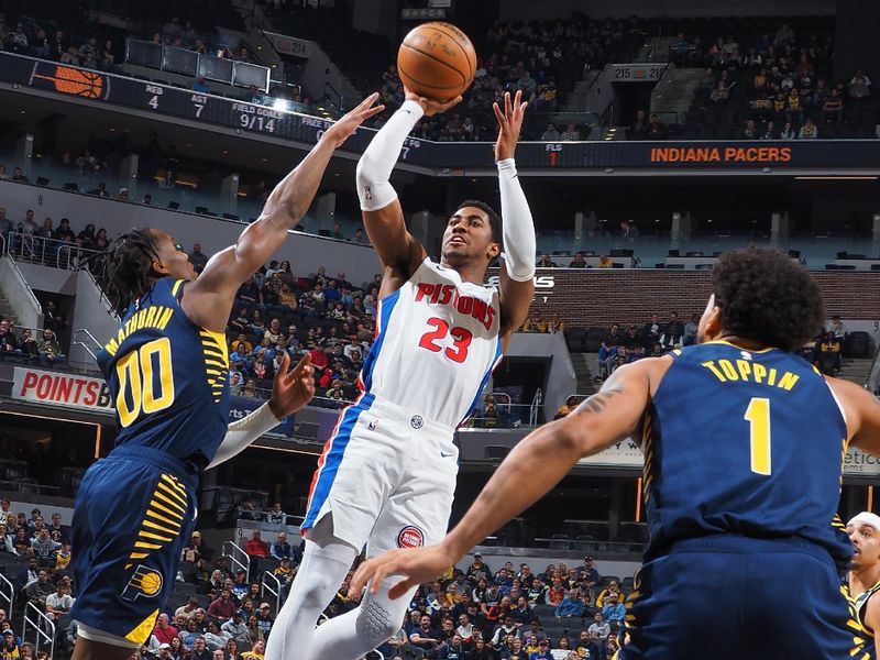 INDIANAPOLIS, IN - FEBRUARY 22:  Jaden Ivey #23 of the Detroit Pistons shoots the ball during the game  on February 22, 2024 at Gainbridge Fieldhouse in Indianapolis, Indiana. NOTE TO USER: User expressly acknowledges and agrees that, by downloading and or using this Photograph, user is consenting to the terms and conditions of the Getty Images License Agreement. Mandatory Copyright Notice: Copyright 2024 NBAE (Photo by Ron Hoskins/NBAE via Getty Images)