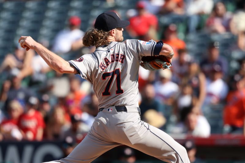 Sep 15, 2024; Anaheim, California, USA;  Houston Astros relief pitcher Josh Hader (71) pitches during the ninth inning against the Los Angeles Angels at Angel Stadium. Mandatory Credit: Kiyoshi Mio-Imagn Images