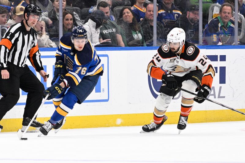 Mar 17, 2024; St. Louis, Missouri, USA; Anaheim Ducks center Bo Groulx (24) pressures St. Louis Blues center Zack Bolduc (76) during the first period at Enterprise Center. Mandatory Credit: Jeff Le-USA TODAY Sports