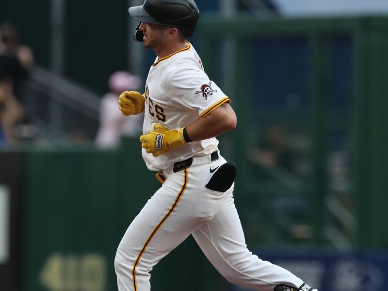 Jun 30, 2025; Pittsburgh, Pennsylvania, USA;  Pittsburgh Pirates first baseman Spencer Horwitz (2) circles the bases on a solo home run against the St. Louis Cardinals during the first inning at PNC Park. Mandatory Credit: Charles LeClaire-Imagn Images