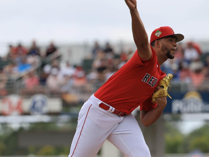 Feb 22, 2026; Fort Myers, Florida, USA;  Boston Red Sox pitcher Jorge Juan (36) throws a pitch during the first inning against the Toronto Blue Jays at JetBlue Park at Fenway South. Mandatory Credit: Kim Klement Neitzel-Imagn Images