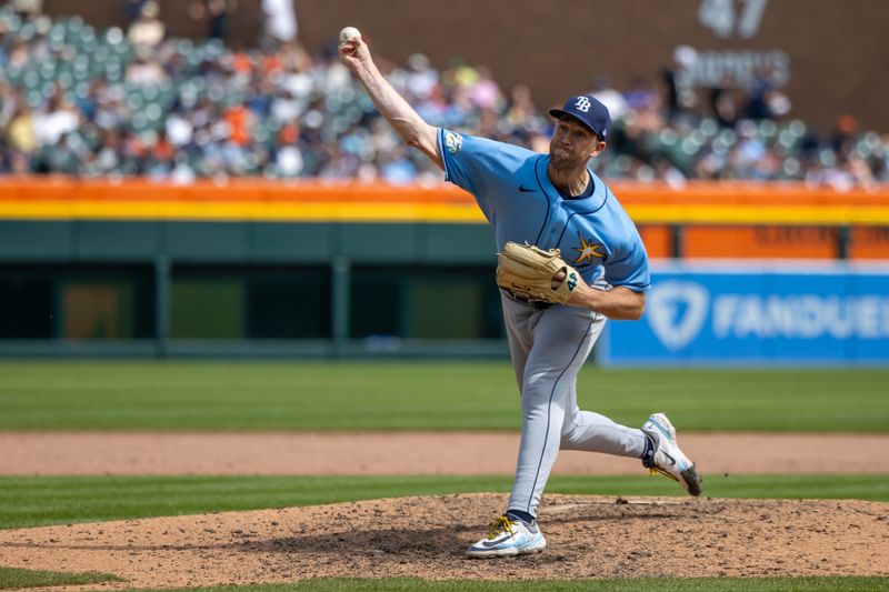 Aug 5, 2023; Detroit, Michigan, USA; Tampa Bay Rays relief pitcher Jason Adam (47) throws in the ninth inning against the Detroit Tigers at Comerica Park. Mandatory Credit: David Reginek-USA TODAY Sports