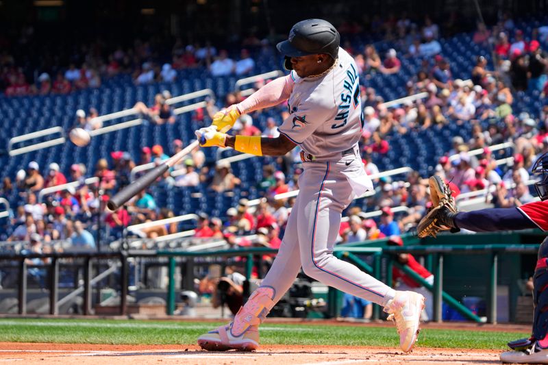 Sep 3, 2023; Washington, District of Columbia, USA;  Miami Marlins center fielder Jazz Chisholm Jr. (2) hits a double against the Washington Nationals during the first inning at Nationals Park. Mandatory Credit: Gregory Fisher-USA TODAY Sports