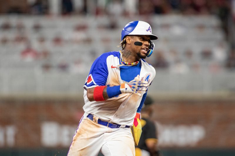 Sep 9, 2023; Cumberland, Georgia, USA; Atlanta Braves right fielder Ronald Acuna Jr. (13) runs bases during third inning against Pittsburgh Pirates at Truist Park. Mandatory Credit: Jordan Godfree-USA TODAY Sports