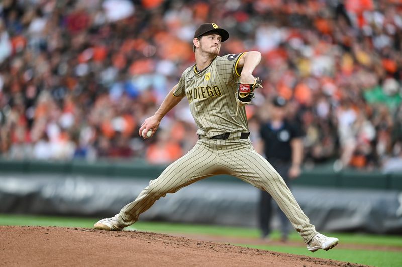 Jul 26, 2024; Baltimore, Maryland, USA;  San Diego Padres pitcher Adam Mazur (36) throws a second  inning pitch against the Baltimore Orioles at Oriole Park at Camden Yards. Mandatory Credit: Tommy Gilligan-USA TODAY Sports