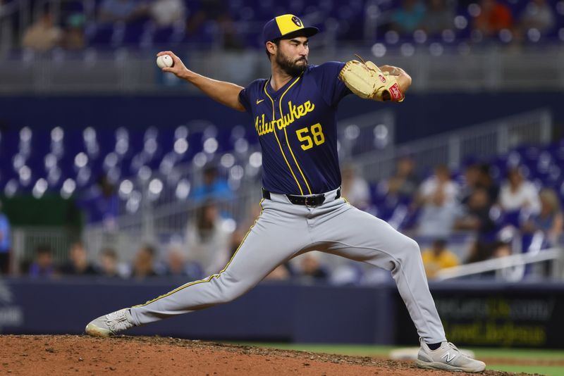 May 20, 2024; Miami, Florida, USA; Milwaukee Brewers relief pitcher Mitch White (58) delivers a pitch against the Miami Marlins during the tenth inning at loanDepot Park. Mandatory Credit: Sam Navarro-USA TODAY Sports