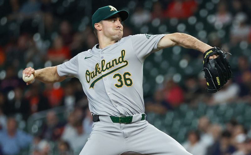 May 13, 2024; Houston, Texas, USA; Oakland Athletics starting pitcher Ross Stripling (36) pitches against the Houston Astros in the first inning  at Minute Maid Park. Mandatory Credit: Thomas Shea-USA TODAY Sports