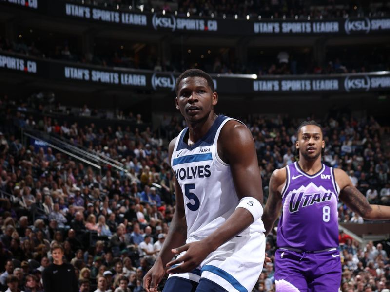 SALT LAKE CITY, UT - MARCH 18: Anthony Edwards #5 of the Minnesota Timberwolves looks on during the game against the Utah Jazz on March 18, 2024 at Delta Center in Salt Lake City, Utah. NOTE TO USER: User expressly acknowledges and agrees that, by downloading and or using this Photograph, User is consenting to the terms and conditions of the Getty Images License Agreement. Mandatory Copyright Notice: Copyright 2024 NBAE (Photo by Melissa Majchrzak/NBAE via Getty Images)