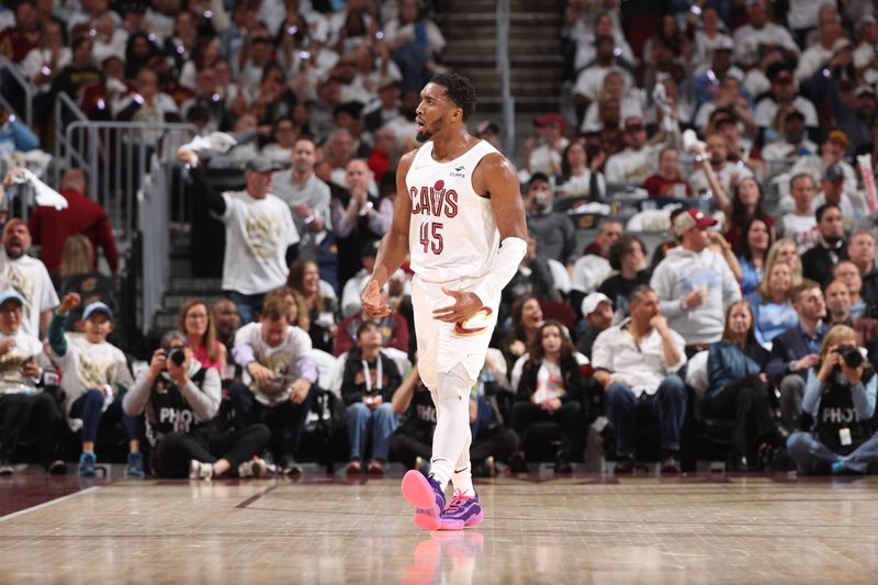CLEVELAND, OH - MAY 6: Donovan Mitchell #45 of the Cleveland Cavaliers celebrates during the game against the Indiana Pacers during Round 2 Game 2 of the 2025 NBA Playoffs on May 6, 2025 at Rocket Arena in Cleveland, Ohio. NOTE TO USER: User expressly acknowledges and agrees that, by downloading and/or using this Photograph, user is consenting to the terms and conditions of the Getty Images License Agreement. Mandatory Copyright Notice: Copyright 2025 NBAE (Photo by Joe Murphy/NBAE via Getty Images)